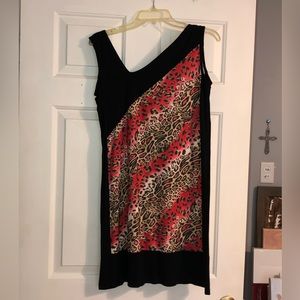 Asymmetrical sleeveless animal print black and pink dress. Size medium